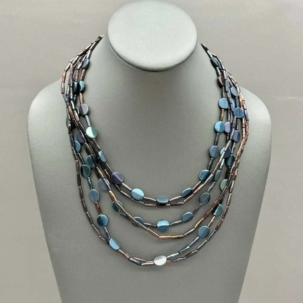 Chico's Necklace Womens Blue Multi-Strand Beaded Layered Statement 20-22 Inches